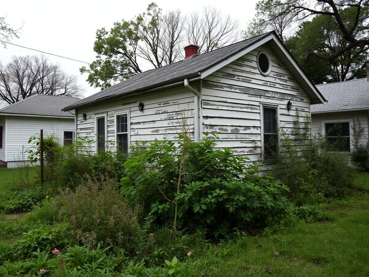 Older Augusta-area house with peeling paint and an overgrown yard that can be sold as-is