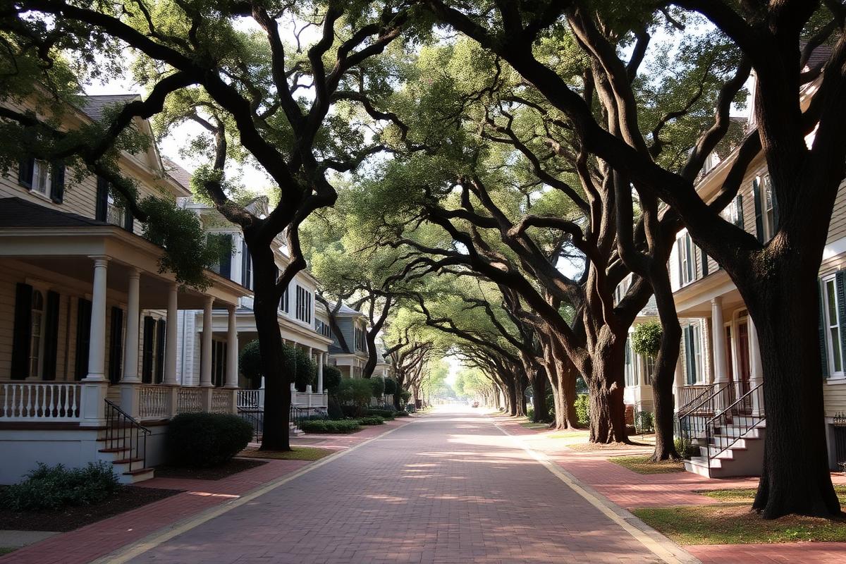 Tree-lined historic residential street with older homes and brick sidewalks in Augusta, Georgia